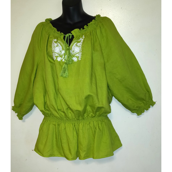 Lime Green Linen Blend Top Women's Blouse 2X Embroidered Tassels Boho Festival - Picture 1 of 16